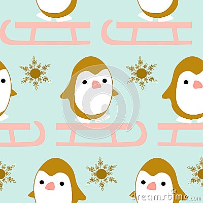 Winter seamless pattern with cute kawaii pinguin on a sleigh Vector Illustration