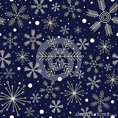 Winter seamless pattern with different snowflakes on dark blue background Vector Illustration