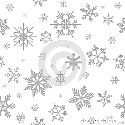 Winter seamless pattern with flat silver grey snowflakes on white background. Vector Illustration