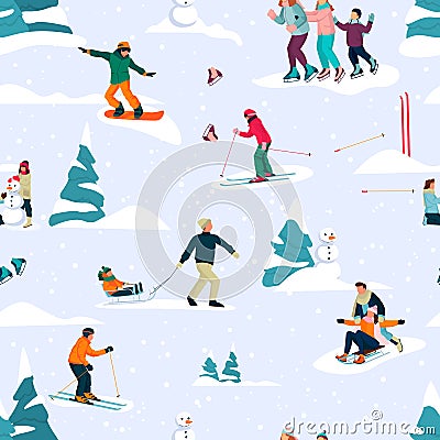Winter seamless pattern with happy people skiing, skating and sledding. Vector flat cartoon Christmas fun background Vector Illustration