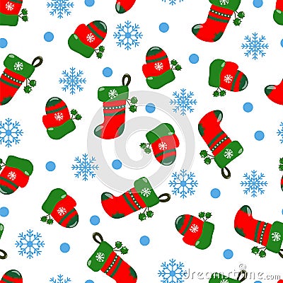 Winter seamless pattern with a hat, a Christmas sock and snowflakes on a white background. Vector Illustration