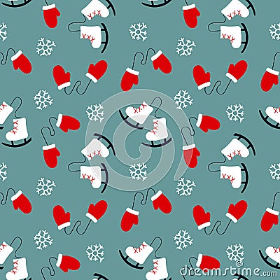 Winter seamless pattern with mittens, skates and snowflakes. Vector Illustration