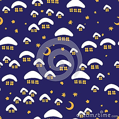 Winter seamless pattern with night village. Vector Illustration