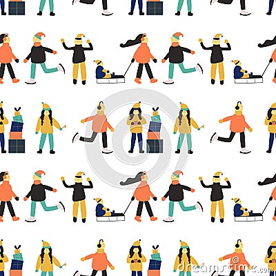 Winter seamless pattern with people Vector Illustration