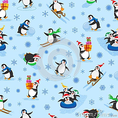 Winter seamless pattern of seven funny Christmas penguins Vector Illustration