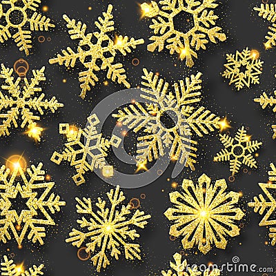 Winter seamless pattern with shining snowflakes and colorful confetti. New year and Christmas card illustration on black Vector Illustration