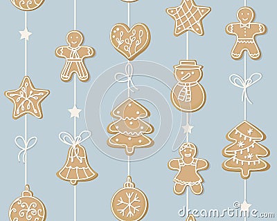 Winter seamless pattern. sweet cookies in the form of a man, Christmas tree, snowman, heart, stars hanging on a garland. Home Vector Illustration