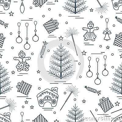 Winter seamless pattern with variety Christmas elements: tree, Vector Illustration