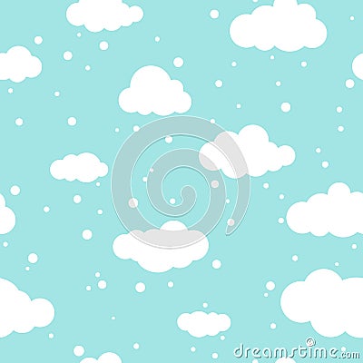 Winter Seamless pattern with white clouds and flat snowflakes and dots on blue sky. Vector Illustration