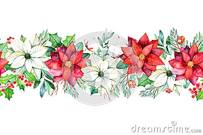 Winter seamless repeat floral border with leaves,branches,cotton flowers,berries Cartoon Illustration