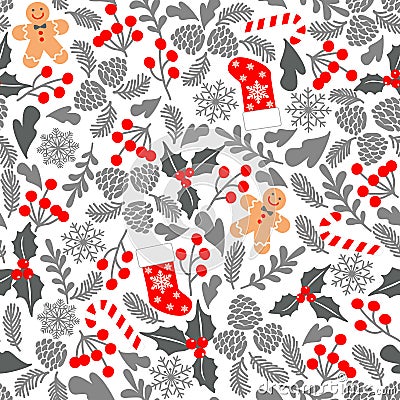 Winter seamless vector pattern with holly berries, candy, gingerbread Man, christmas socks. Part of Christmas backgrounds collecti Vector Illustration