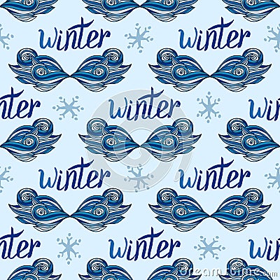 Winter seamless wavy background. Curly endless pattern with calligraphic word. Vector Vector Illustration