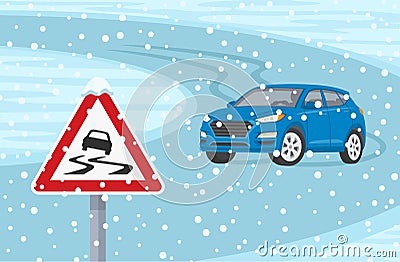 Winter season car driving. Suv car turning on a slippery road. Slippery road warning road sign. Vector Illustration