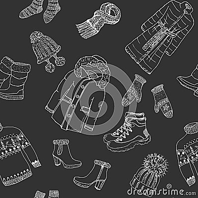 Winter season doodle clothes seamless pattern. Hand drawn sketch elements warm raindeer sweater, coat, boots, socks, gloves and ha Vector Illustration