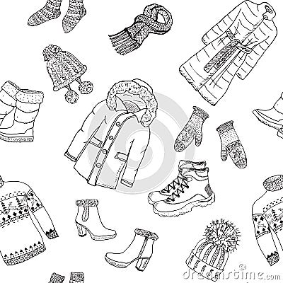 Winter season doodle clothes seamless pattern. Hand drawn sketch elements warm raindeer sweater, coat, boots, socks, gloves and ha Vector Illustration