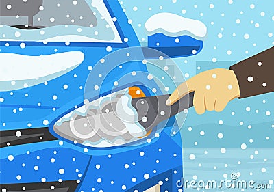 Winter season driving. Close-up of a hand cleaning a vehicle`s headlight from ice and snow. Vector Illustration