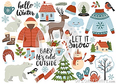 Winter season element set: warm clothes, polar bear, white rabbit, deer, calligraphy quotes. Vector Illustration