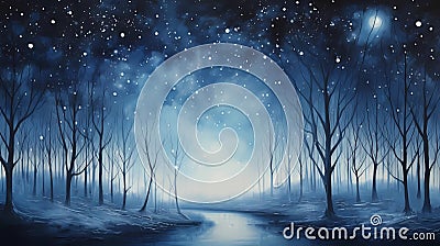 winter season nature painting of a serene starry night sky above the cold snowy forest and river water landscape Stock Photo