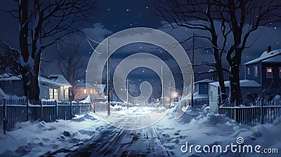 winter season painting of a snowy neighborhood street road with a starry night sky above Stock Photo