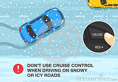 Winter season safe car driving tips and rules. Don't use cruise control when driving on snowy or icy roads. Top view. Vector Illustration