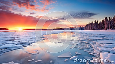 Seascape glows with winter sunrise's radiant morning light.AI Generated Stock Photo
