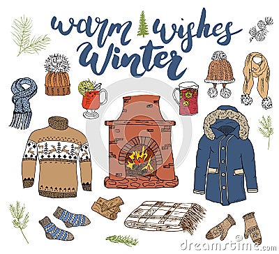 Winter season set doodle elements. Hand drawn sketch colection with fireplace, glass of hot wine, boots, clothes, warm blanket, so Vector Illustration