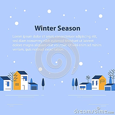 Winter season in small town, tiny village view, snowy sky, row of residential houses, beautiful neighborhood Vector Illustration