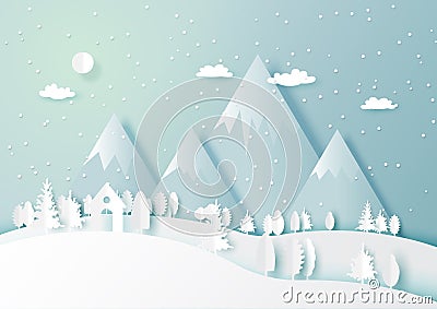 Winter season with white house and forest nature landscape background Vector Illustration