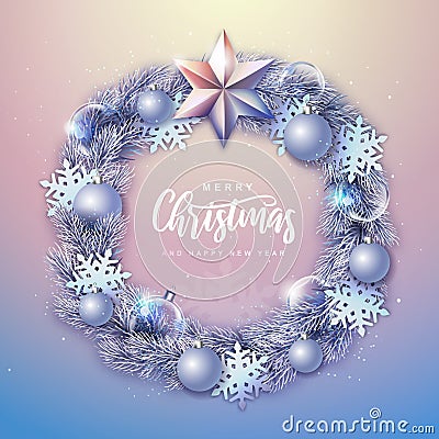 Winter seasonal Christmas background. Christmas holiday realistic decorative wreath. Vector Illustration