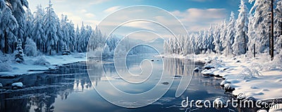 the winter lake reflects the snow-covered trees standing around. calm winter scene. Stock Photo