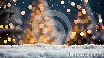 Winter Serenity Empty White Snow with Blur Christmas Tree and Bokeh Light Background - Focus on Snow. created with Generative AI Stock Photo