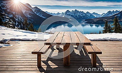 Winter serenity: Empty wooden table with snowy mountain backdrop Stock Photo