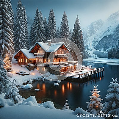 Winter Serenity: Lakeside Cabin Retreat Stock Photo