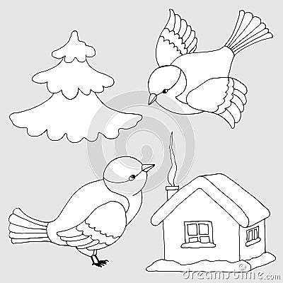 2056 winter, set of black and white line drawings, winter collection, house in the snow, Christmas tree and birds Vector Illustration