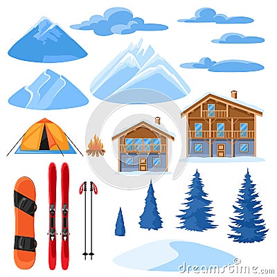 Winter set for design. Alpine chalet houses, snowboard, ski, snowy mountains and fir trees Vector Illustration