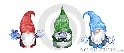 Winter set of gnomes with snowflakes. Watercolor christmas gnome, dwarves family in hats with scandinavian ornament and Stock Photo