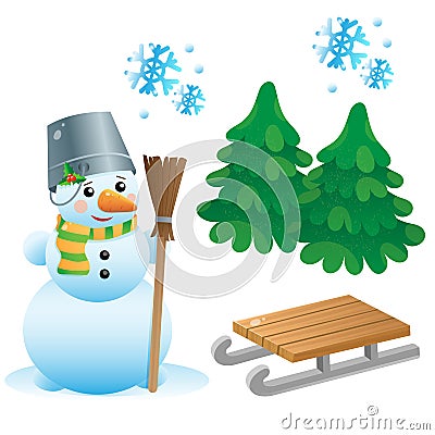 Winter set for kids. Snowman. Firs. Wood sledge. Retro-style. Decorative elements for postcard Vector Illustration