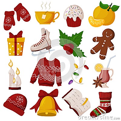 Winter set. New Year and Christmas vector elements. Everything that is associated with the winter season Vector Illustration
