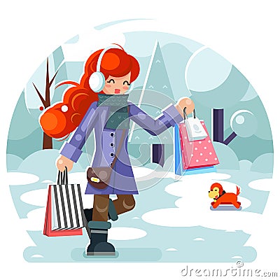 Winter shopping bag package girl purchase park background flat design character vector illustration Vector Illustration