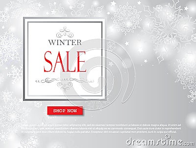 Winter shopping sale banner with lettering. Snow blurred background. Holiday sale with snowflakes over grey background Stock Photo