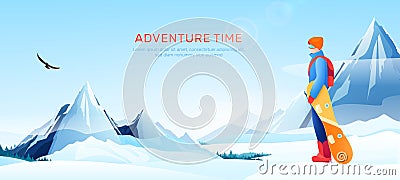 Winter ski resort poster with adventure time symbols flat vector illustration Vector Illustration