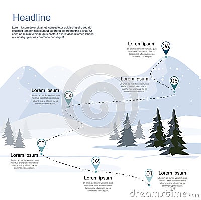 Winter ski resort, route infographic. Layers of mountain landscape with fir forest. Vector Illustration