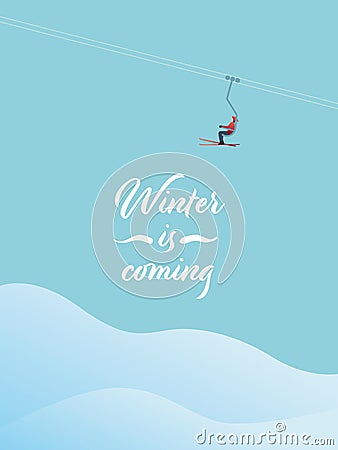 Winter skiing vector card or postcard with skier on a lift. Ski resort, winter vacation, recreation and sport symbol. Vector Illustration