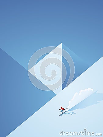 Winter skiing vector poster with skier going downhill on the mountain. Freeskiing vacation advertisement or promotion Vector Illustration
