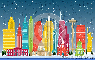Winter Snow in America City Cityscape Skyline Landmark Building Illustration Vector Illustration