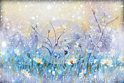 Winter snow background. Blurred snowflakes on Original oil painting - Christmas Stock Photo