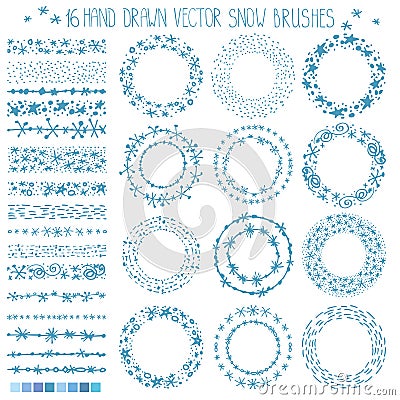 Winter snow brushes,frames.Christmas doodle wreath.Cyan Vector Illustration