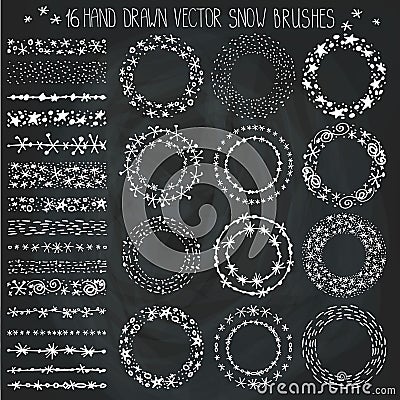 Winter snow brushes set.Christmas wreath.Chalkboard Vector Illustration