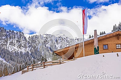 Winter snow chalet in Austrian Alps, Austria Stock Photo