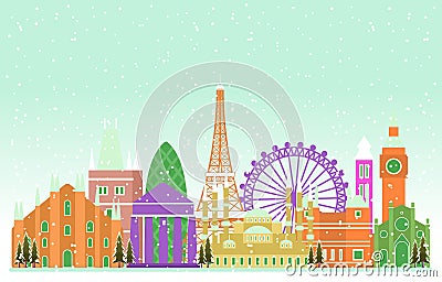 Winter Snow in Europe City Cityscape Skyline Landmark Building Illustration Vector Illustration